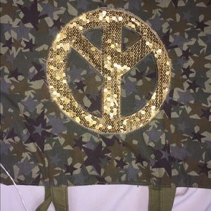 Camouflaged gold glam sequins peace sign tote bag!
